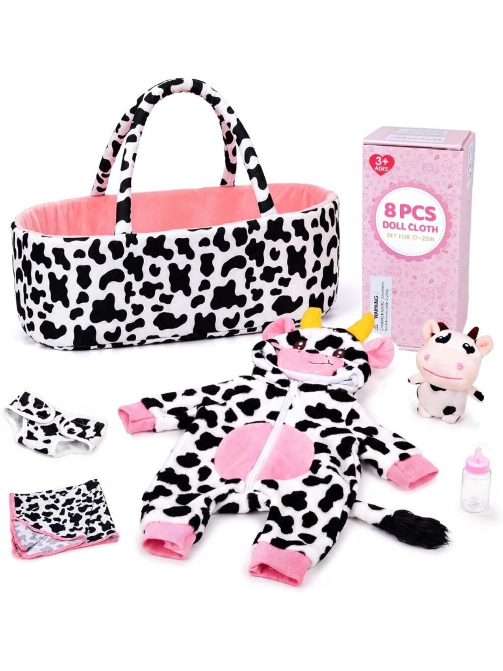 6pc Cow Print Doll Bassinet Set Romper Blanket for 17-22in Baby Doll